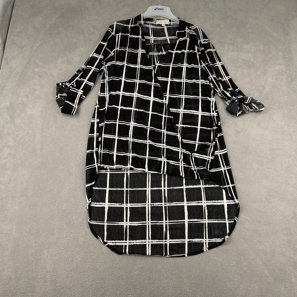 Bailey + Chloe Shirt Dress Womens Large Black Plaid Roll Tab Sleeve High Low Hem